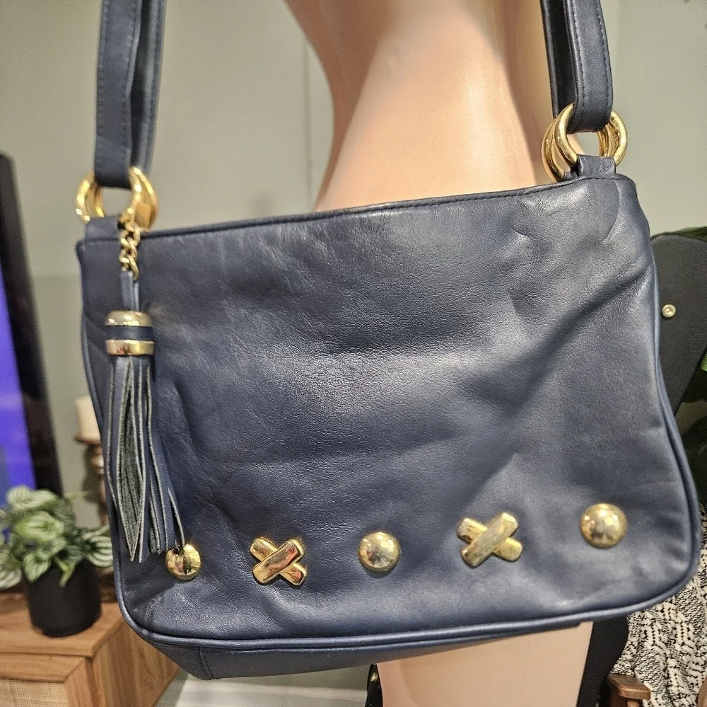 Vintage FIRST EDITION Navy Leather Crossbody Bag Gold Hardware Tassel.
